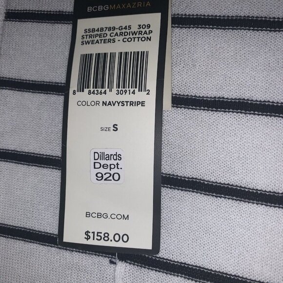 BCBGMAXAZRIA WOMEN'S STRIPED CARDIWRAP SWEATER NAVYSTRIPE S BUTTON SLEEVE NWT - Picture 2 of 11